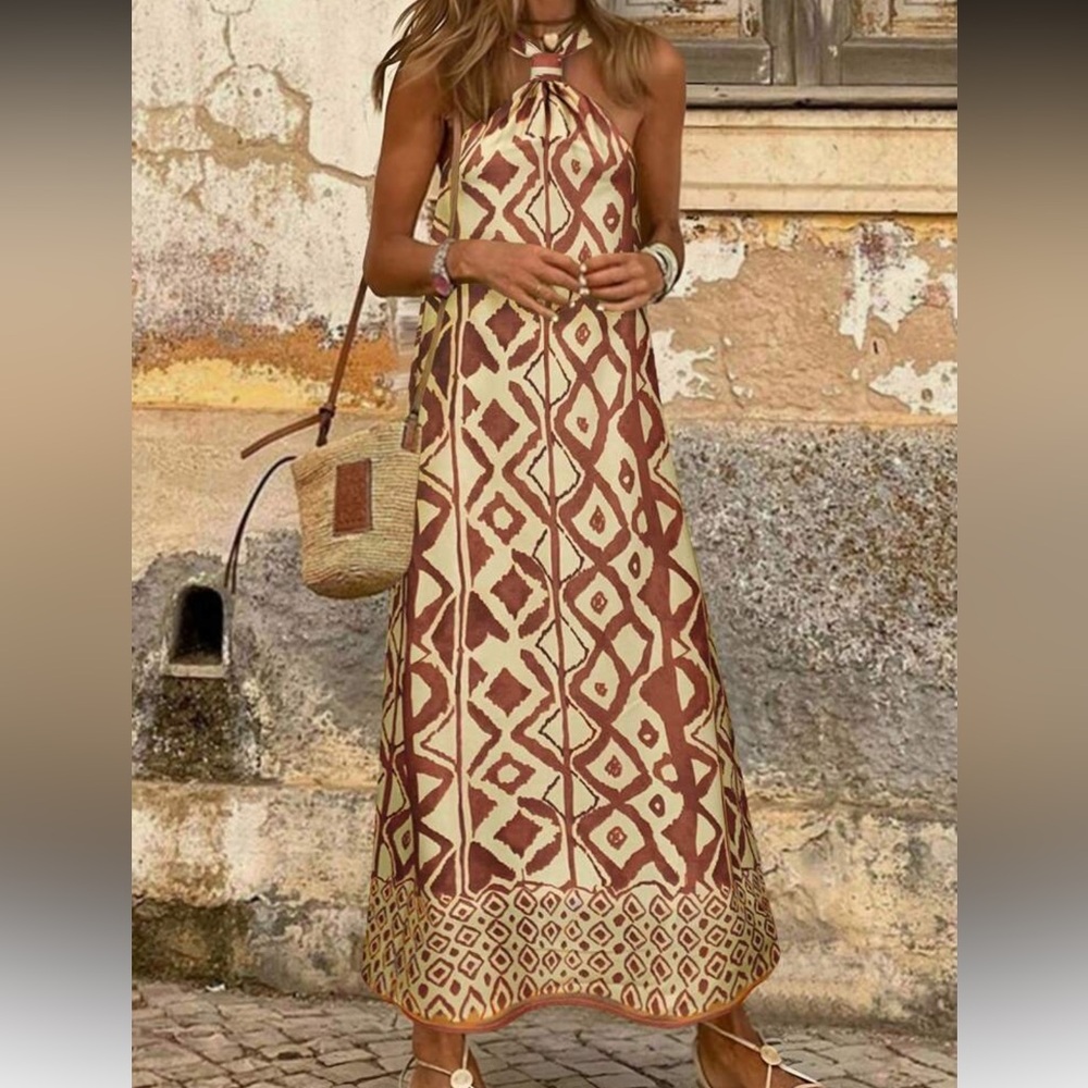 Bohemian Brown and Cream Maxi Dress M